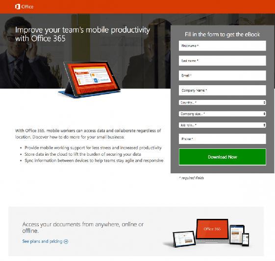Microsoft landing page image; example of B2B short-term content