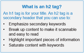 Definition: What is an H2 Tag? An H1 tag is for your title. An H2 tag is a secondary header you can use to: (1) emphasize secondary keywords, (2) Break up content for readability, (3) Highlight Important Pieces of Information, (4) Saturate content with keywords.