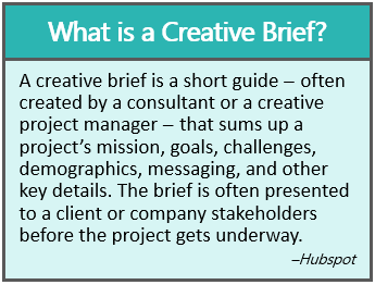 Definition of Creative Brief: A short guide - often created by a consultant or a creative project managers - that sums up a project's mission, goals, challenges, demographics, messaging, and other key details. The brief is often presented to a client or company stakeholders before the project gets underway