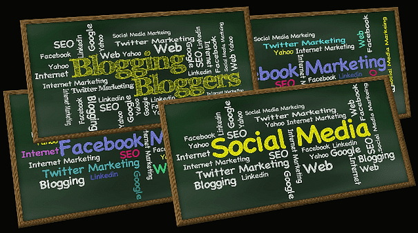 Planning a blogging program: Wordclouds with blogging, Facebook marketing, and social media themes.